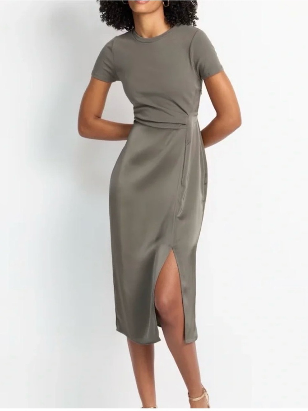The Commons Olive grey  Short Sleeve Midi Dress with Side Slit